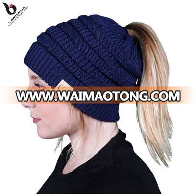 C.C BeanieTail Soft Stretch Cable Knitted Messy High Bun Ponytail Beanie Hat